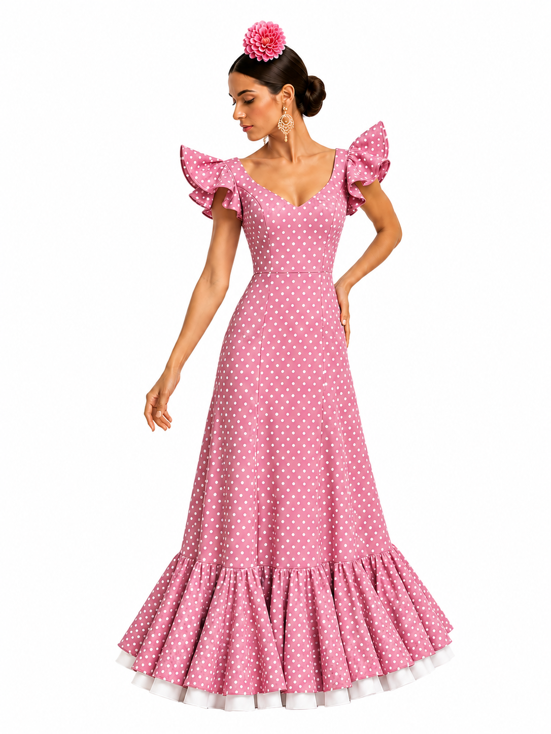 Traje flamenca princess rosa lunar blanco - Lunares del Este