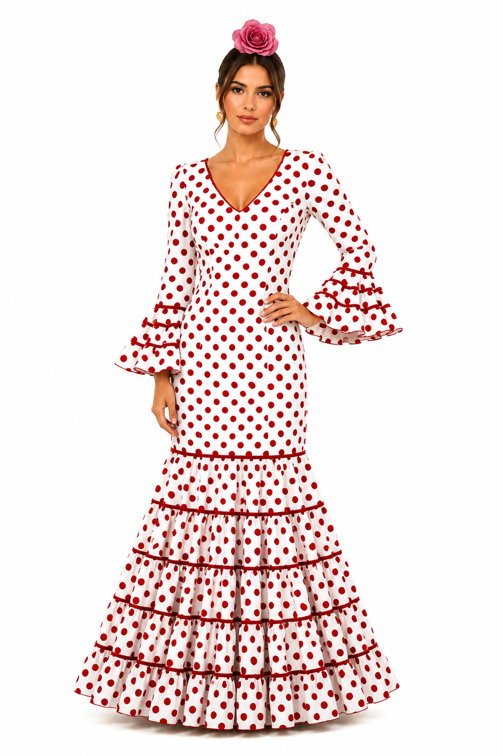 Traje flamenca rosalia blanco lunar rojo - Lunares del Este