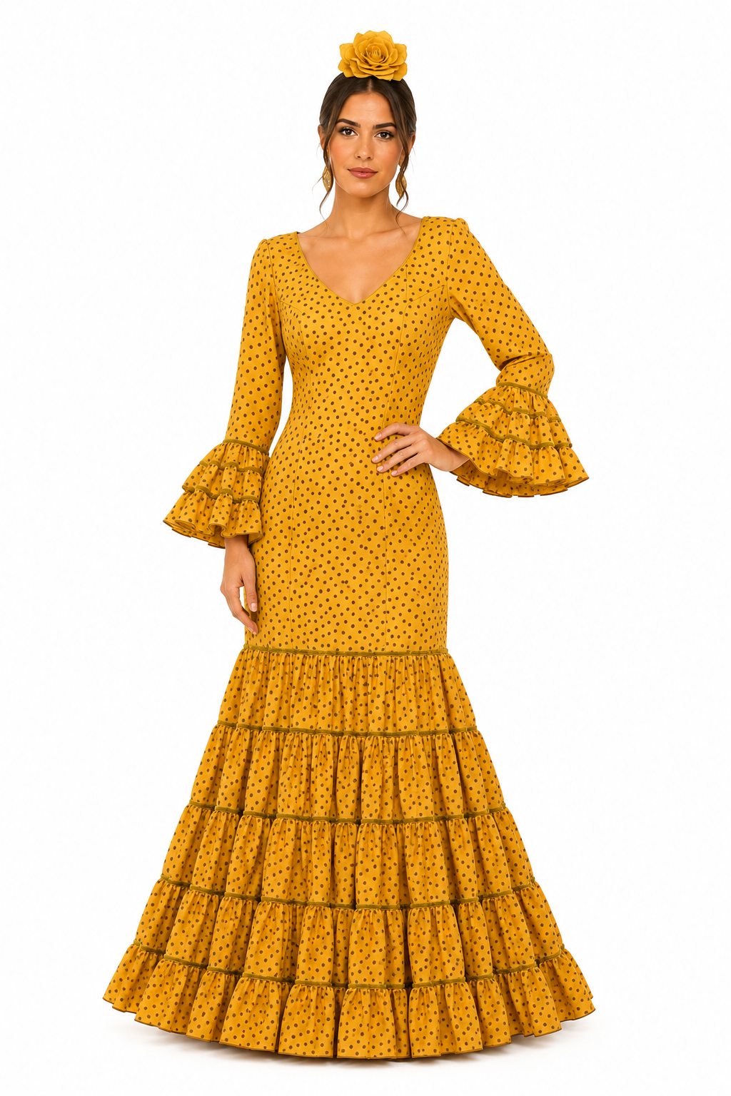 Traje flamenca rosalia mostaza lunar mostaza - Lunares del Este