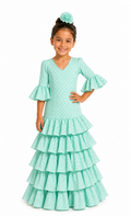 Traje flamenca niña 5 volantes verde agua lunar blanco - Lunares del Este
