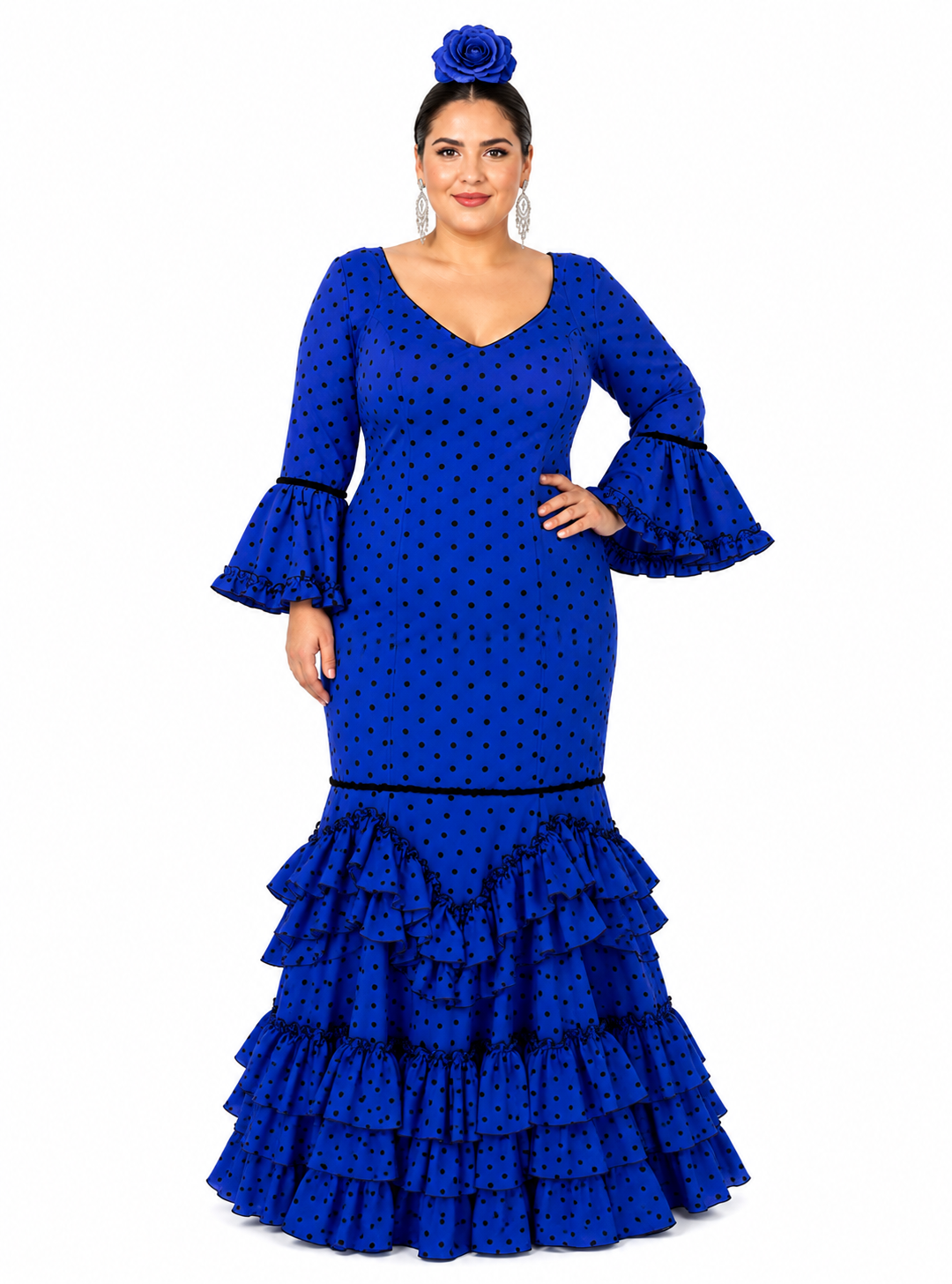 Traje flamenca madrid azulina lunar negro - Lunares del Este