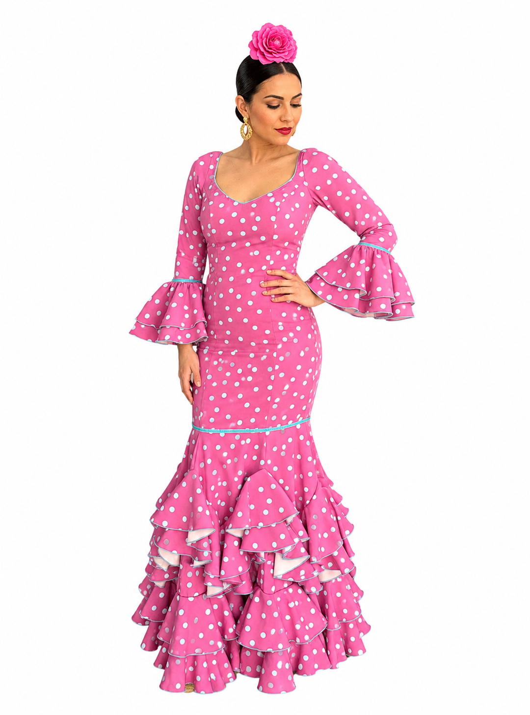 Traje flamenca malaga lila lunar celeste - Lunares del Este