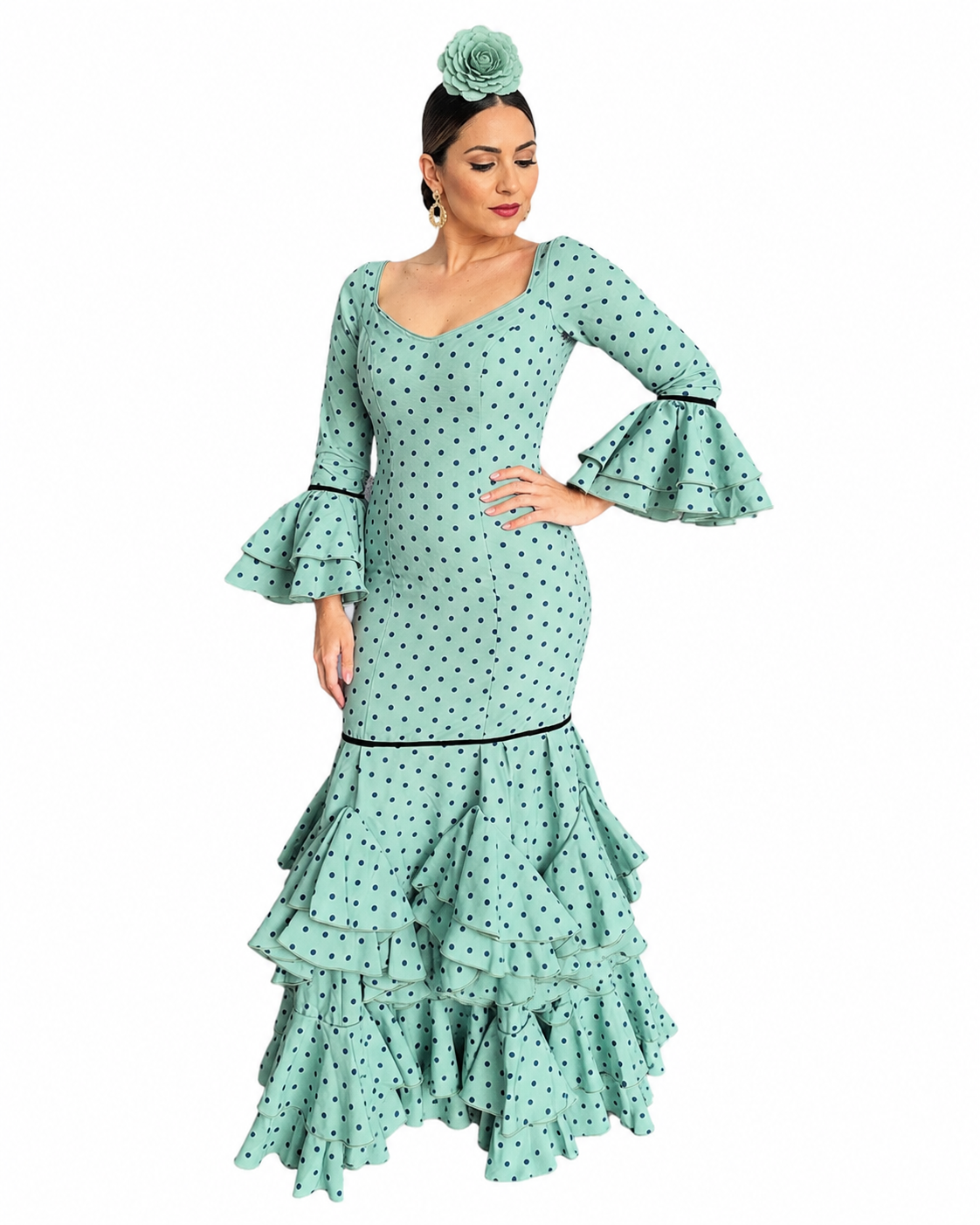 Traje flamenca malaga verde lunar azul - Lunares del Este