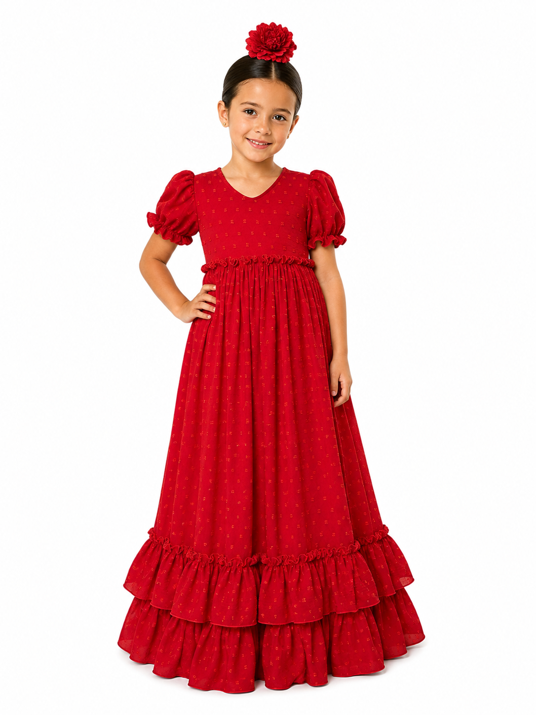 Traje flamenca niña martina rojo plumeti - Lunares del Este