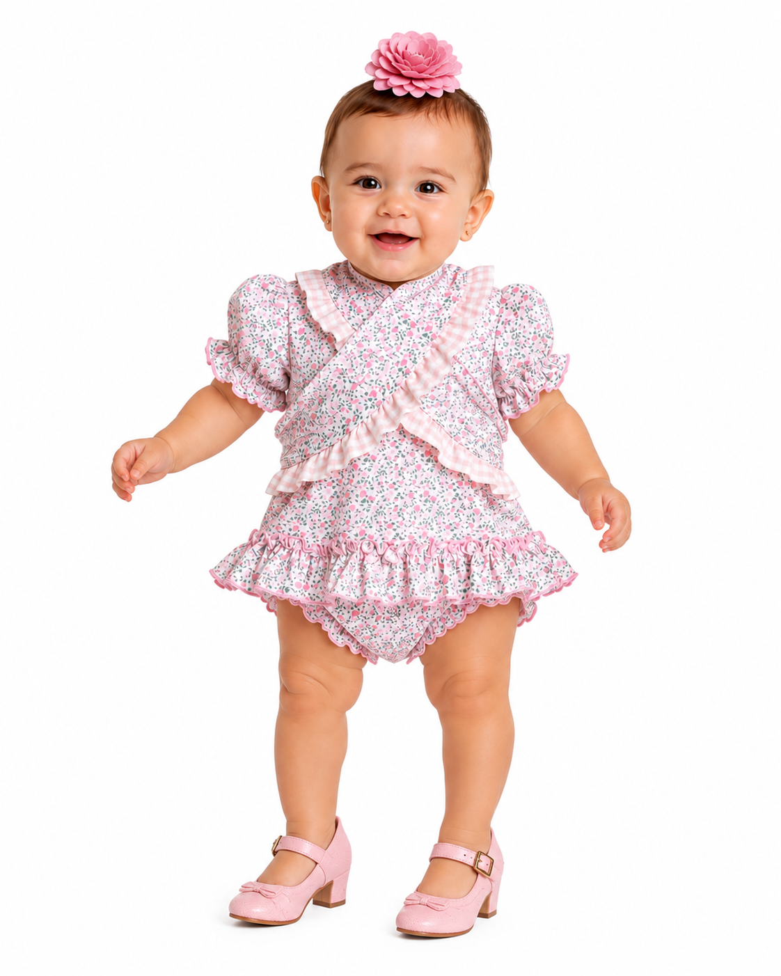 Traje flamenca bebe nuria blanco flores rosas con piquillo - Lunares del Este