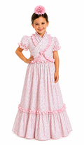 Traje flamenca niña nuria blanco flores rosas con piquillo - Lunares del Este