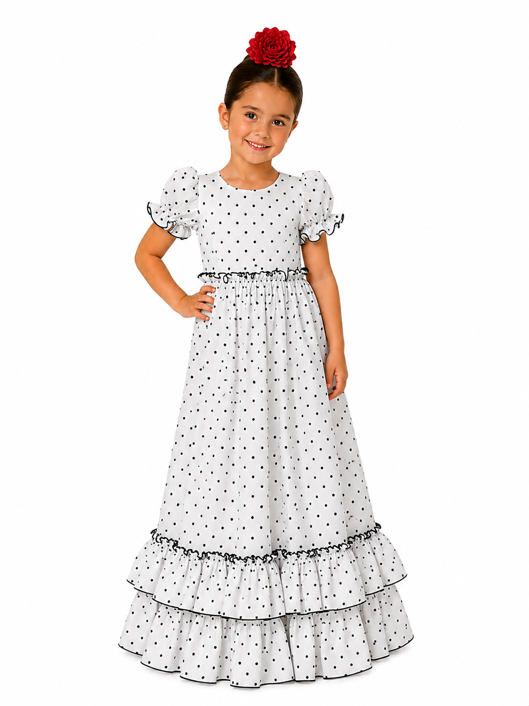 Traje flamenca niña rocio blanco lunar negro - Lunares del Este