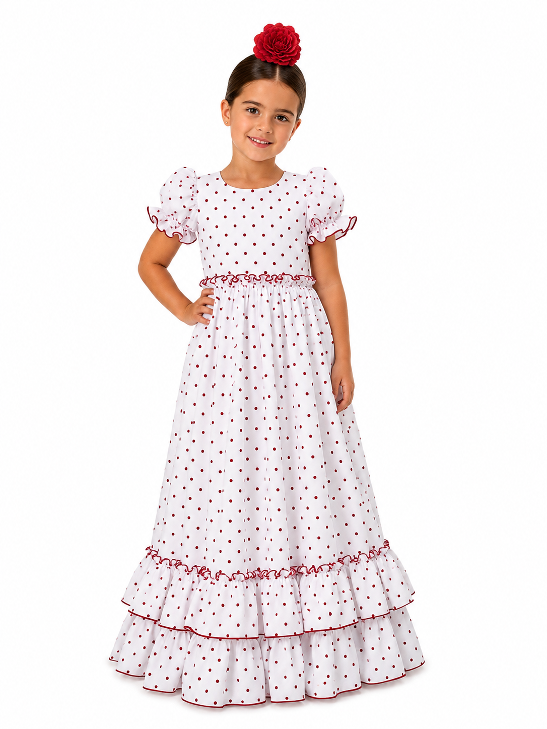 Traje flamenca niña rocio blanco lunar rojo - Lunares del Este
