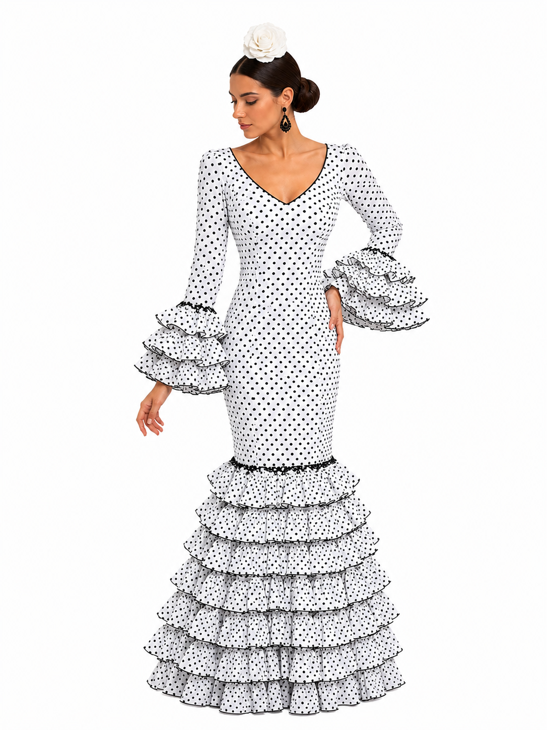 Traje flamenca sevilla blanco lunar negro - Lunares del Este