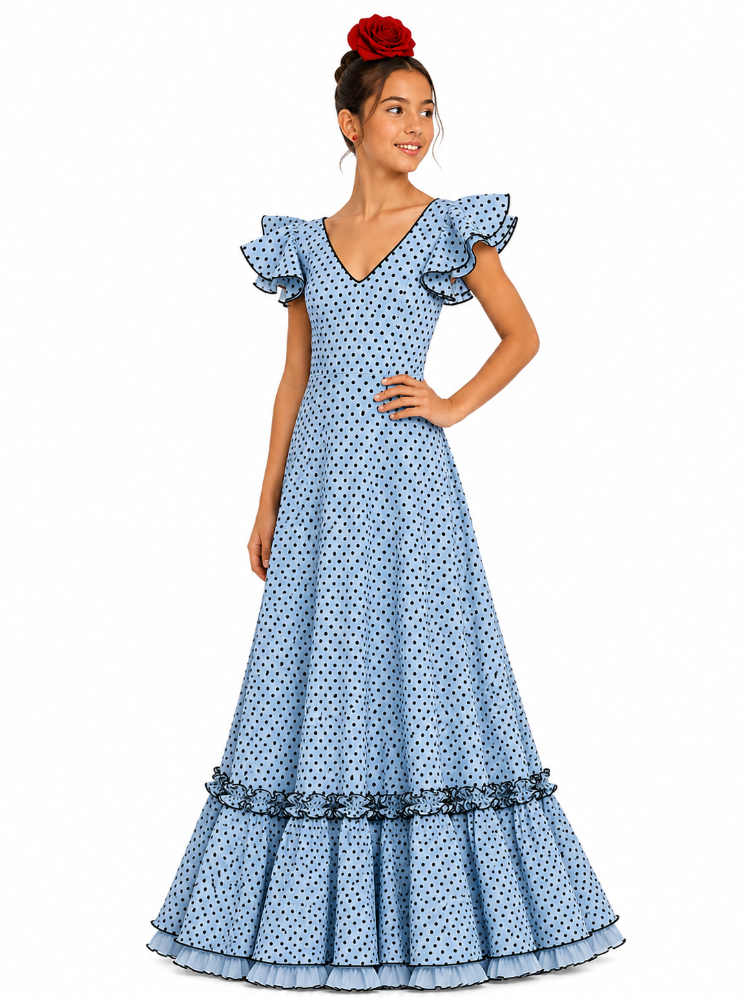 Traje flamenca niña sol celeste lunar negro - Lunares del Este