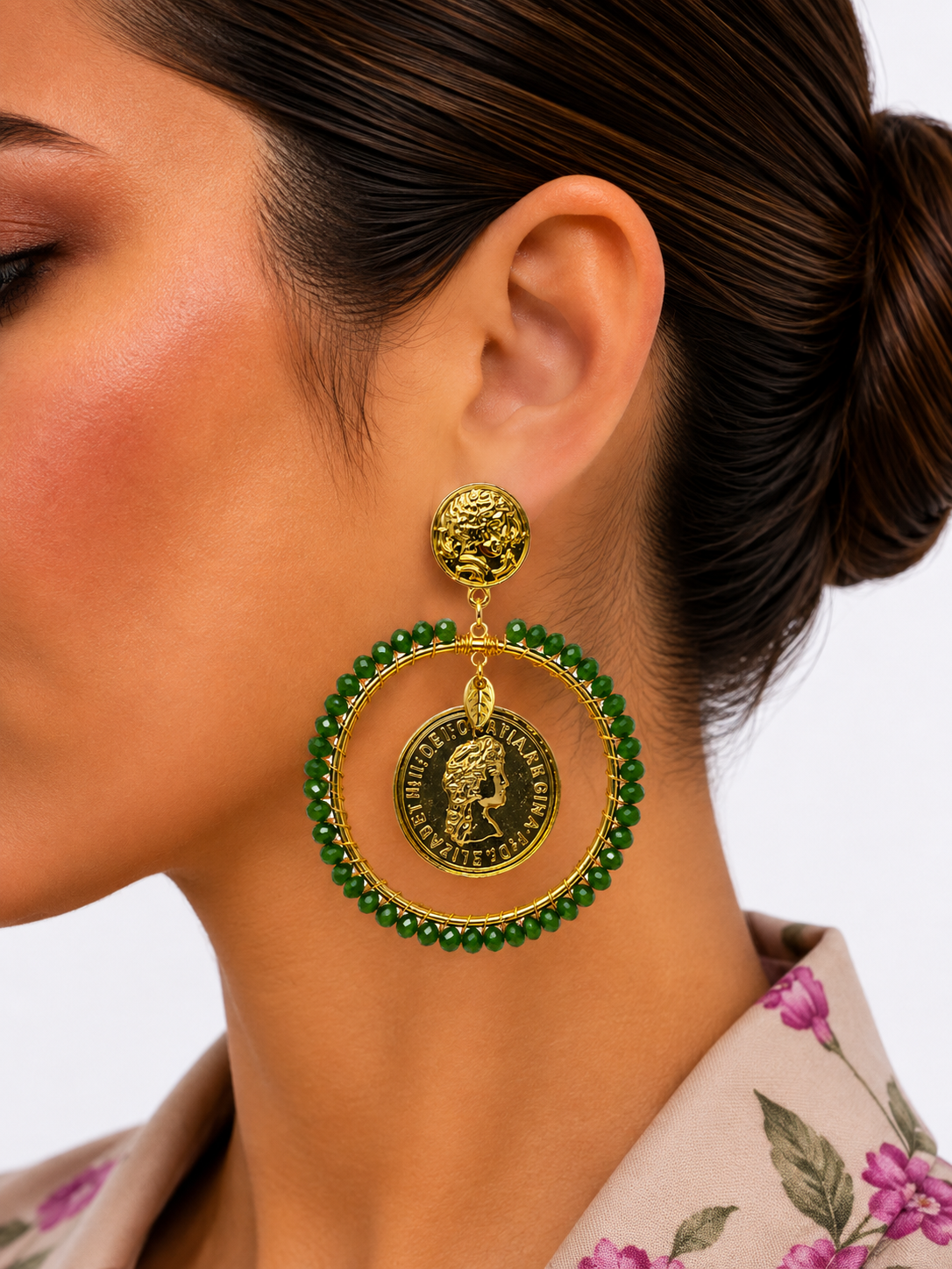 PENDIENTE ARO MONEDA VERDE