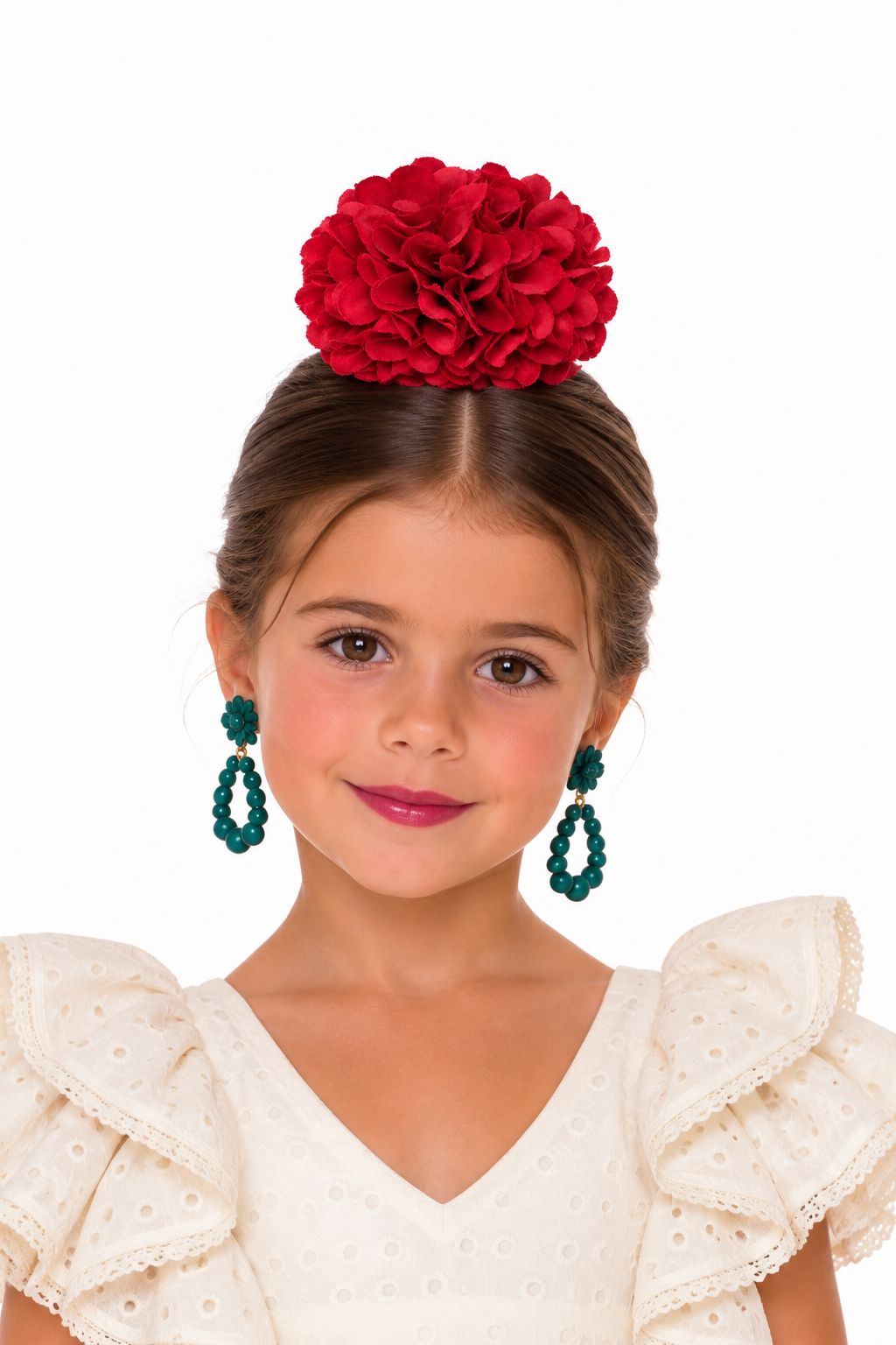 Ramillete pompón Lia burdeos para niña flamenca, vista 3