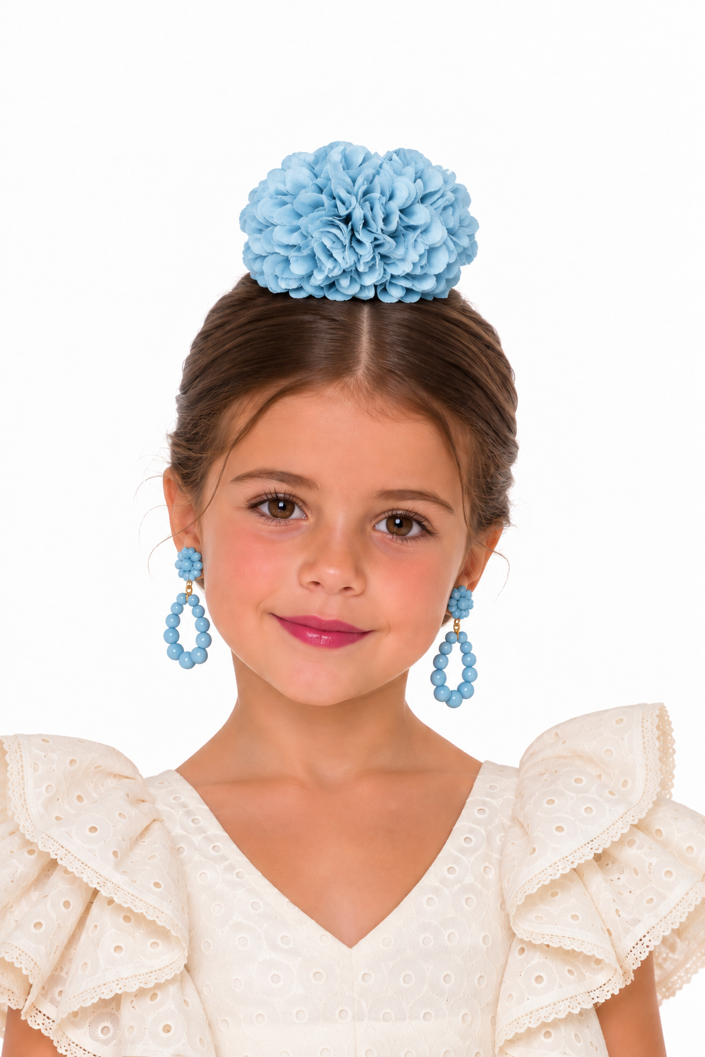 Ramillete pompón Lia celeste para niña flamenca, vista 3