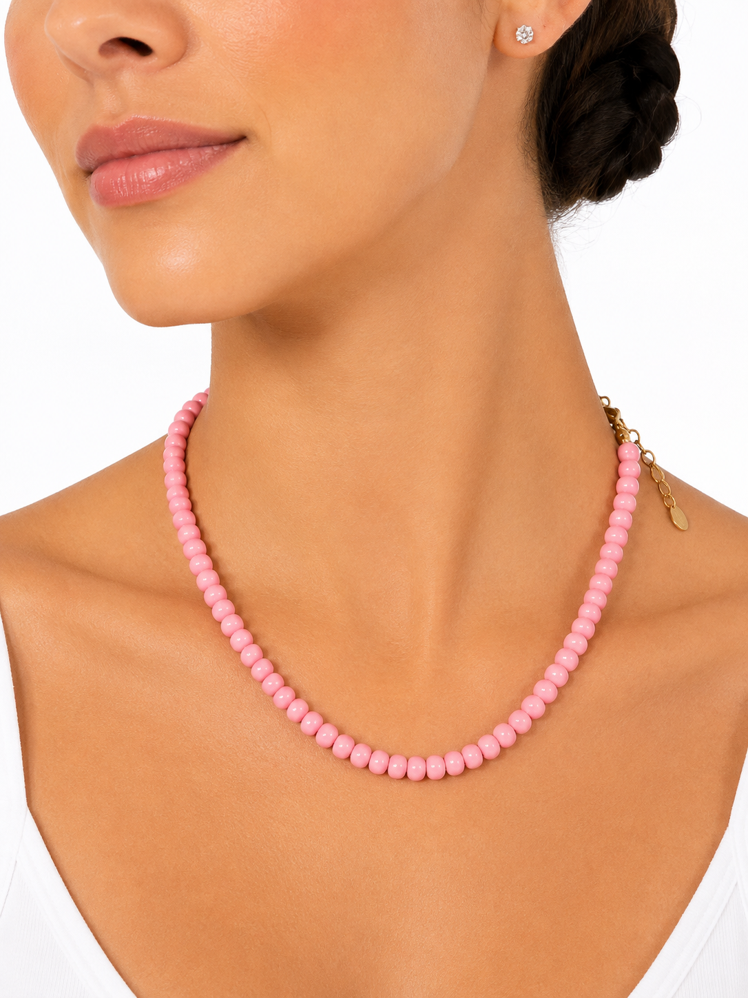 Collar Elena de bolitas pequeñas para flamenca, color rosa, detalle