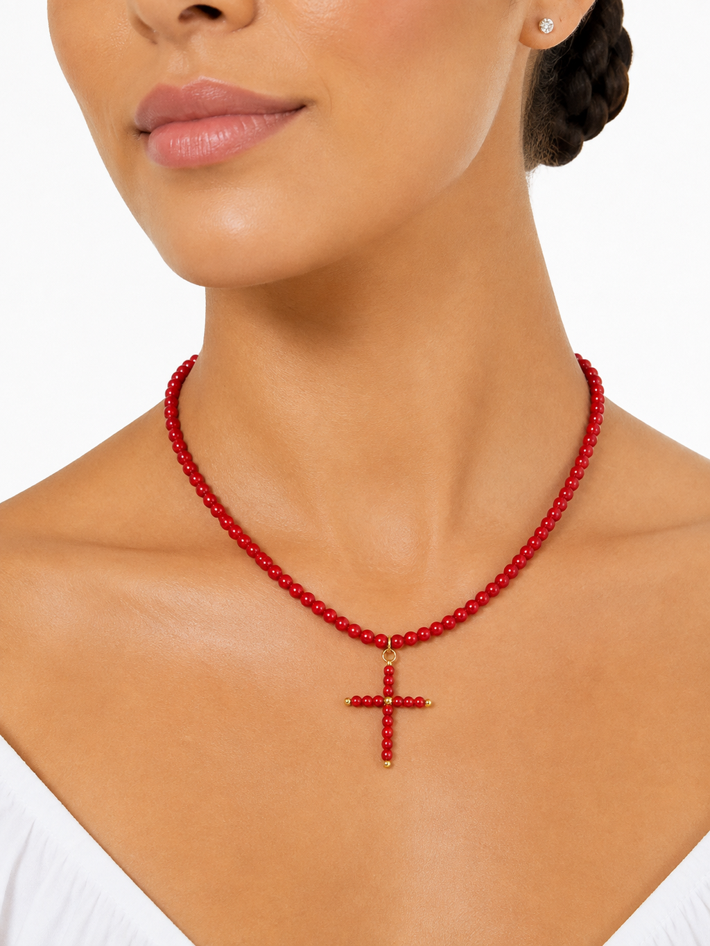 Collar Selena con cruz para flamenca, color rojo, detalle