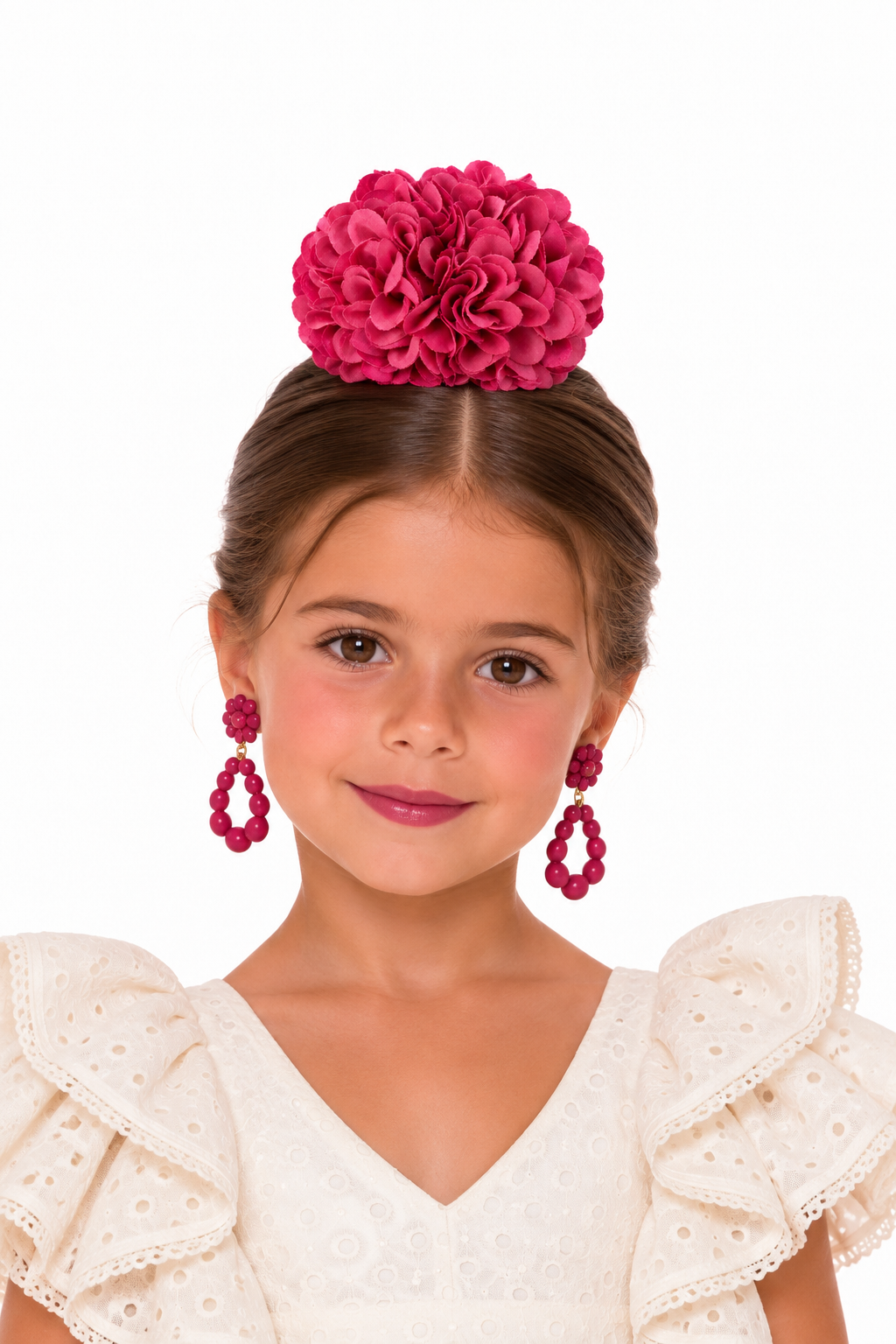 Ramillete pompón Lia rosa para niña flamenca, vista 3