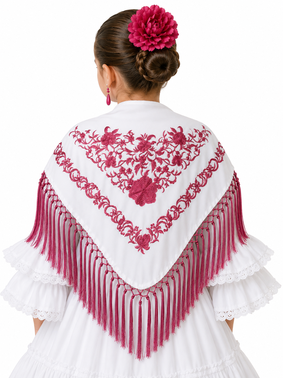 Mantón infantil de crespón bordado, modelo María, color beige con bordado coral