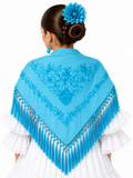 Mantón infantil de crespón bordado, modelo María, color turquesa al tono