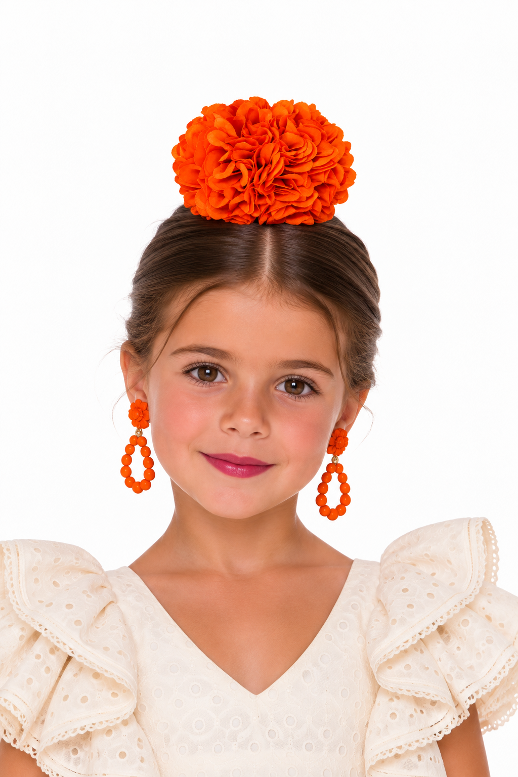 Ramillete pompón Lia naranja para niña flamenca, vista 3