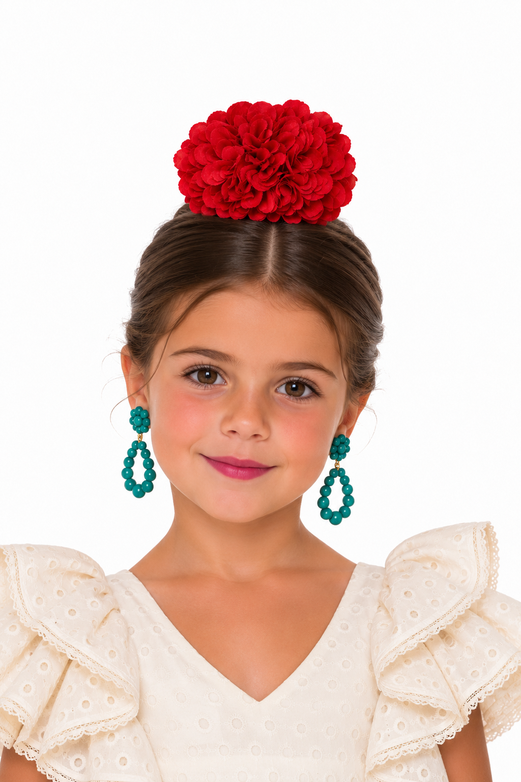 Ramillete pompón Lia rojo para niña flamenca, vista 3